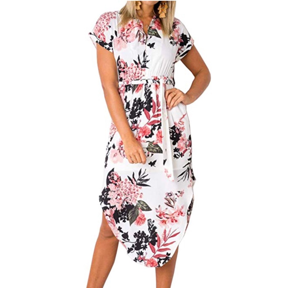 Floral Print V-Neck Belted Side Slits Midi Dress - Picture 2 of 7
